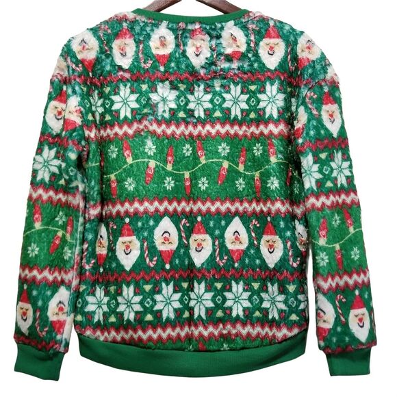 Christmas Sweater Juniors Sz S Green Fuzzy Pullover Top Santa Holiday Ugly Party - Picture 3 of 5